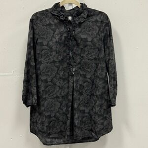 Dosa Artsy Floral Rose Print Cotton Ruffle Collar Tunic Blouse Top Size 2 Medium